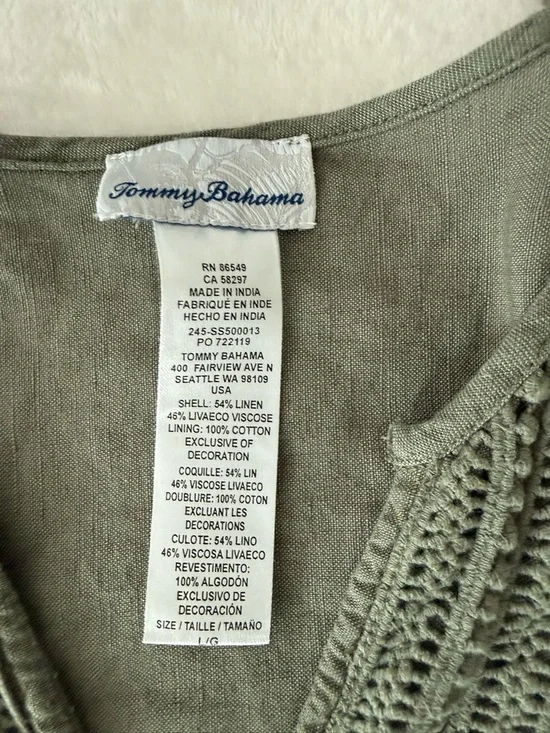 Tommy Bahama St Lucia Split Neck Linen Blend Sage Eyelet Coverup Women's Lg E29 - Picture 2 of 5
